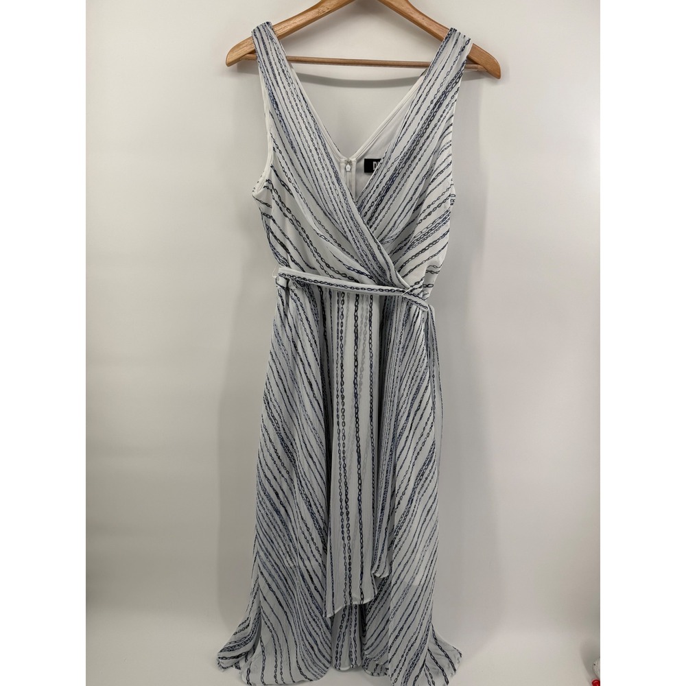 DKNY Womens Blue White Chain Stripe Faux Wrap Midi Dress Size 14 DD3CI576